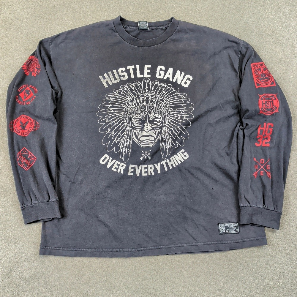 Hustle Gang Graphic Shirt Mens 3XL Long Sleeve Faded Black Y2K Streetwear Cotton